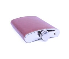 Kahverengi Deri Kaplama Paslanmaz Çelik Cep Matarası - Hip Flask 9 OZ