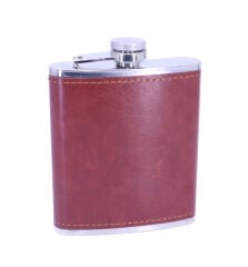 Kahverengi Deri Kaplama Paslanmaz Çelik Cep Matarası - Hip Flask 7 OZ