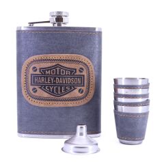 H&D Paslanmaz Çelik Matara Set - 4 Shot Bardak ve Huni - Deri Kaplı