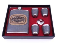 H&D Paslanmaz Çelik Matara Set - 4 Shot Bardak ve Huni - Deri Kaplı