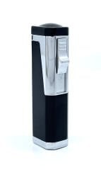 Profesyonel Puro Çakmağı Rüzgara Dayanıklı 3 Jet Alev ve Delici Bir Arada - Mat Siyah & Gümüş Renk