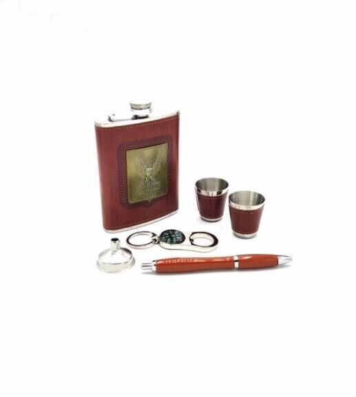 Paslanmaz Çelik Matara Seti Deri Kaplı /Kalem /2Shot /Pusulalı Anahtarlık /Huni Taba Rengi