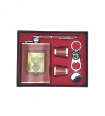 Paslanmaz Çelik Matara Seti Deri Kaplı /Kalem /2Shot /Pusulalı Anahtarlık /Huni Taba Rengi