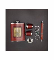 Paslanmaz Çelik Matara Seti Deri Kaplı /Kalem /2Shot /Pusulalı Anahtarlık /Huni Taba Rengi