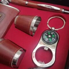 Paslanmaz Çelik Matara Seti Deri Kaplı /Kalem /2Shot /Pusulalı Anahtarlık /Huni Taba Rengi