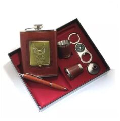 Paslanmaz Çelik Matara Seti Deri Kaplı /Kalem /2Shot /Pusulalı Anahtarlık /Huni Taba Rengi