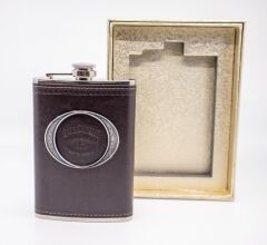 Paslanmaz Çelik Koyu Kahverengi Deri Kaplamalı 9 Oz Matara / Kutulu