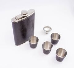 Paslanmaz Çelik Matara Set - 4 Shot Bardak ve Huni - Koyu Kahverengi