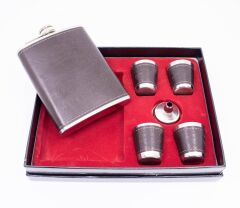 Paslanmaz Çelik Matara Set - 4 Shot Bardak ve Huni - Koyu Kahverengi