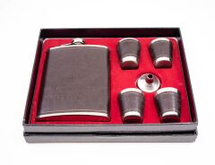 Paslanmaz Çelik Matara Set - 4 Shot Bardak ve Huni - Koyu Kahverengi