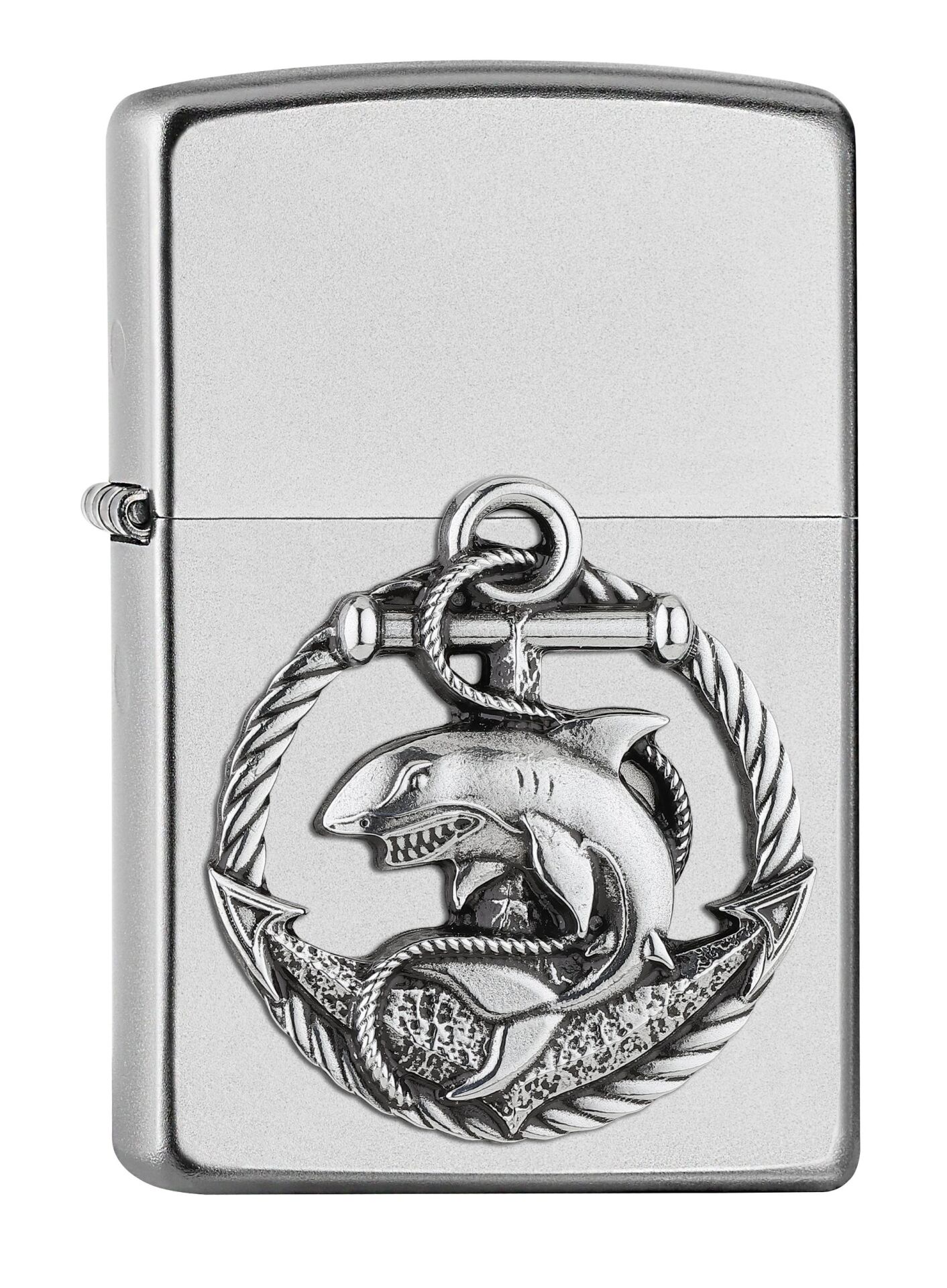 ZIPPO 2007130 – Shark Amblem, Saten Krom – Benzinli Fırtına Çakmağı, Doldurulabilir, Kaliteli Hediye Kutusunda