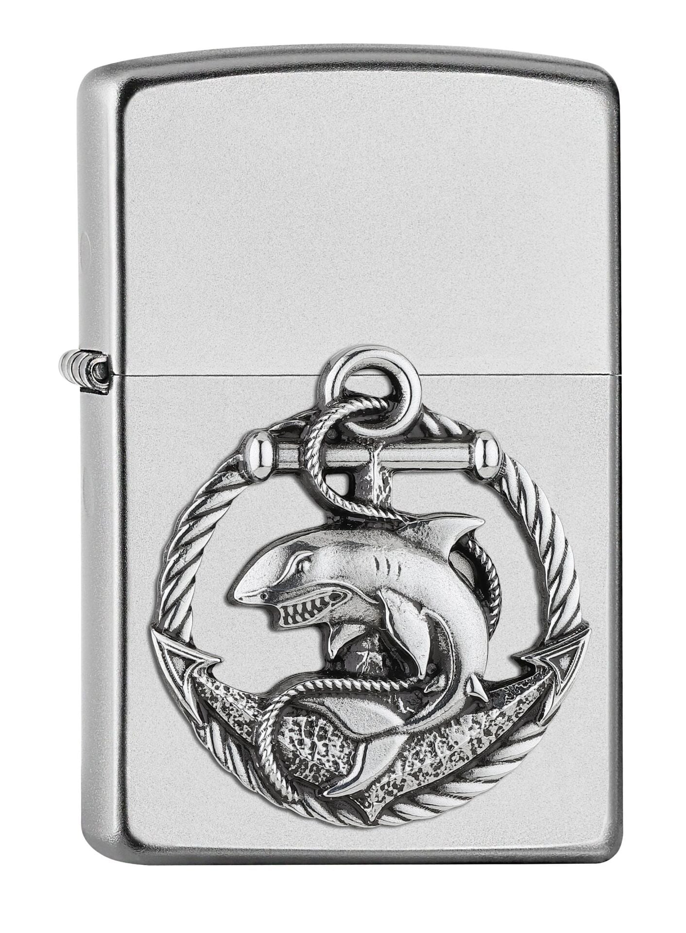 ZIPPO 2007130 – Shark Amblem, Saten Krom – Benzinli Fırtına Çakmağı, Doldurulabilir, Kaliteli Hediye Kutusunda