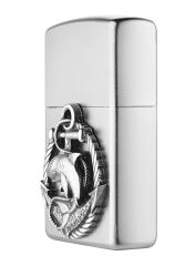 ZIPPO 2007130 – Shark Amblem, Saten Krom – Benzinli Fırtına Çakmağı, Doldurulabilir, Kaliteli Hediye Kutusunda