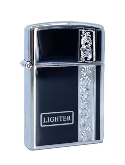 Metal Jet Alev Çakmak  Gravür Şeritli  Parlak Krom - Siyah