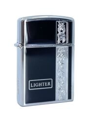 Metal Jet Alev Çakmak  Gravür Şeritli  Parlak Krom - Siyah