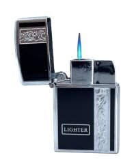 Metal Jet Alev Çakmak  Gravür Şeritli  Parlak Krom - Siyah