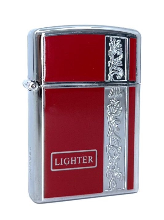 Metal Jet Alev Çakmak  Gravür Şeritli  Parlak Krom - Kırmızı