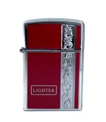 Metal Jet Alev Çakmak  Gravür Şeritli  Parlak Krom - Kırmızı