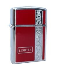 Metal Jet Alev Çakmak  Gravür Şeritli  Parlak Krom - Kırmızı