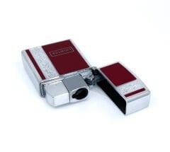 Metal Jet Alev Çakmak  Gravür Şeritli  Parlak Krom - Kırmızı